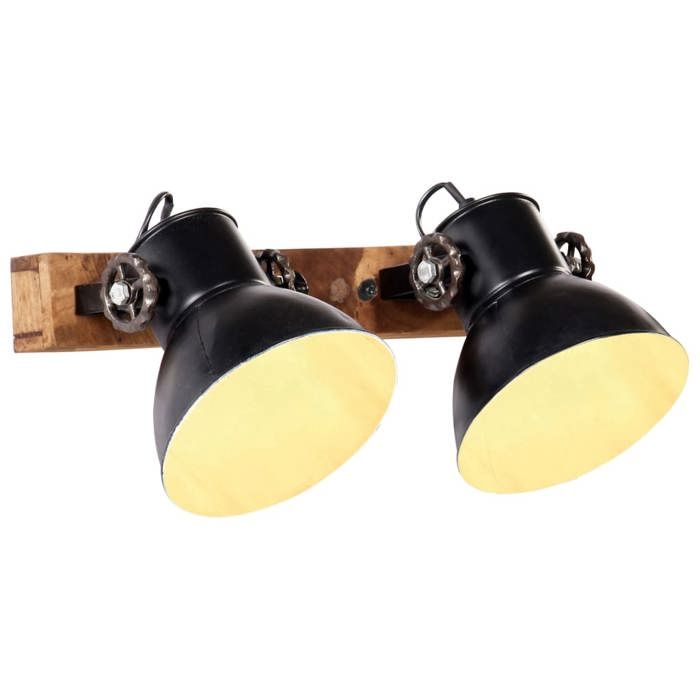 Lampe murale industrielle - vidaXL - 45x25 cm - Noir et marron - Fer et bois de manguier - Douille E27 - 2 abat-jour