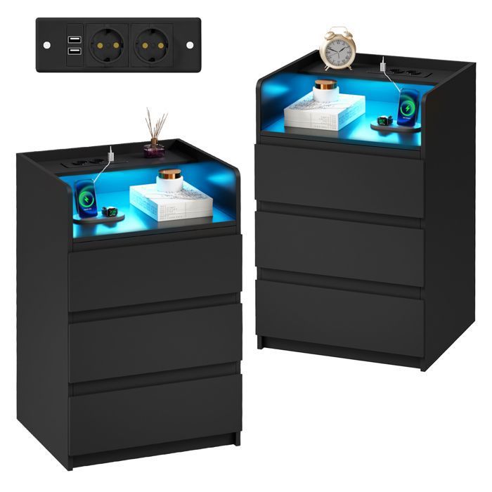 Lot de 2 Table de Chevet 40×35×68cm 3 Tiroirs 2 USB Ports et 2 Prises LED Réglable Moderne Scandinave Noir