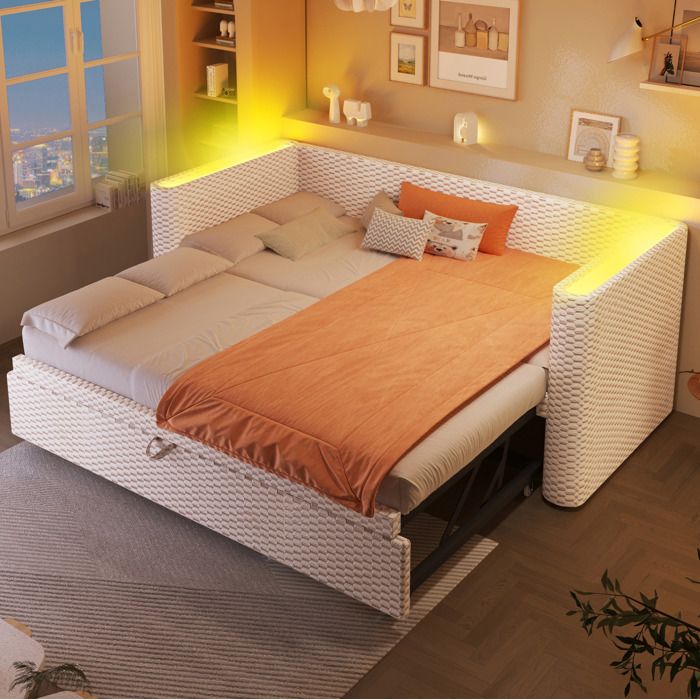 Lit de jour convertible en velours beige avec éclairage LED multicolore et commande via appli