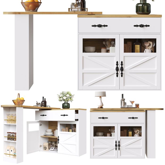 Îlot de cuisine - Extensible 138-204 cm - Roulant 360° - Rangements intégrés (tiroir & étagères) - Blanc