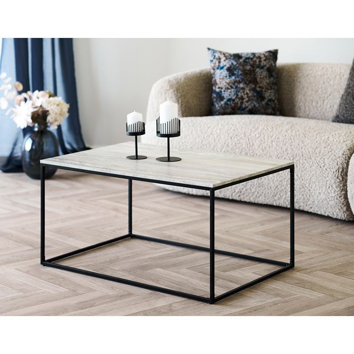 Maya - table basse plateau effet travertin en FSC 100% - pieds en métal - 90 cm - Beige / Noir Maya - table basse plateau effet travertin en FSC 100% - pieds en métal - 90 cm - Beige / Noir