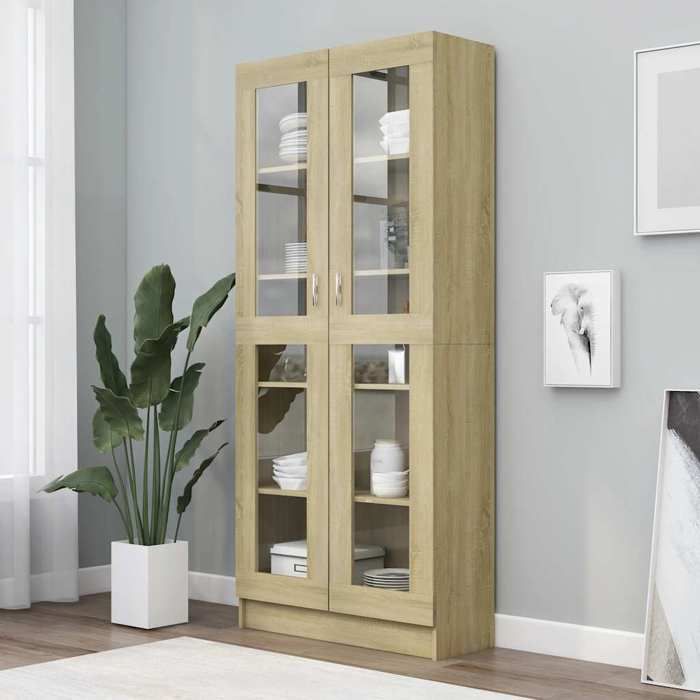 Brun Armoire vitrine Chêne sonoma 82 5x30 5x185 cm Bois ingénierie - Rangement multimédia H8041