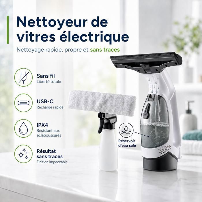 Nettoyeur de Vitres Électrique Sans Fil - 2000 Pa - 35 Min USB-C Ipx4 Réservoir 150 ml Raclette Vitre Pulvérisateur Microfibre