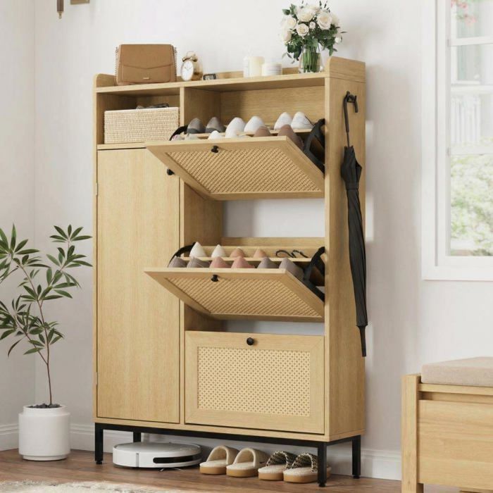 Armoire de rangement chaussures - LUNSY - Capacité 18 paires - 3 tiroirs coulissants - Étagères réglables