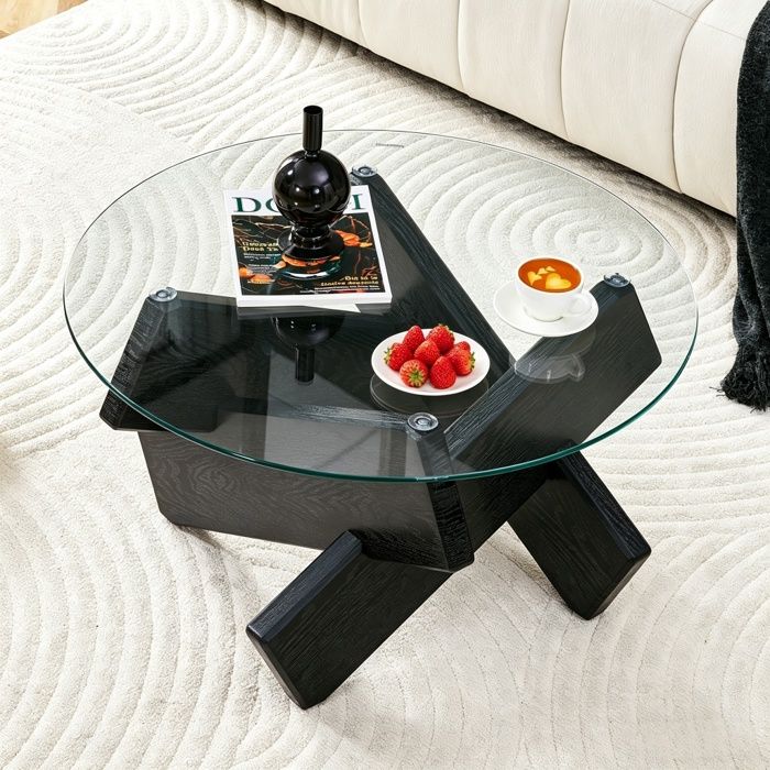 Table Basse Ronde en Verre - BELLEMAVE - Pieds en Bois Croisés - Plateau épais - Table de Salon - 79 × 79 × 45 cm - Noir