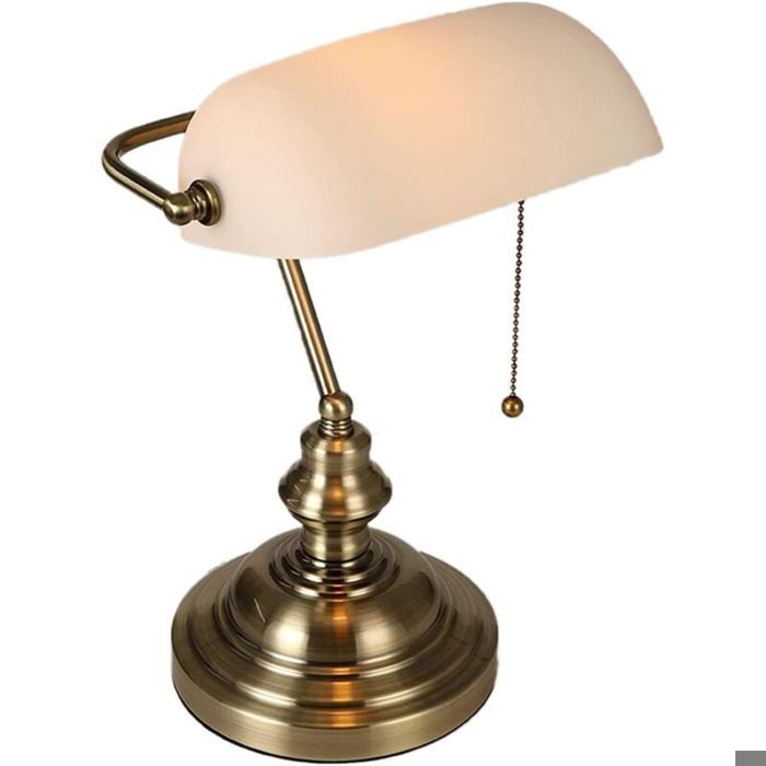 Lampe de bureau de banquier en verre blanc mat avec interrupteur à chaînette et luminaire enfichable