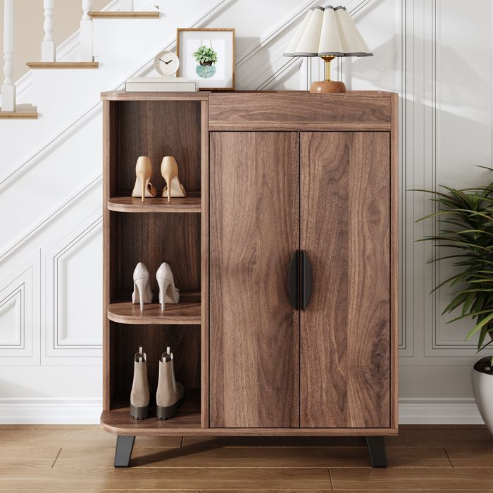 Armoire à Chaussures avec 2 Portes Étagères Ouvertes et Rangement Supérieur Meuble d’Entrée - Effet Bois Noyer