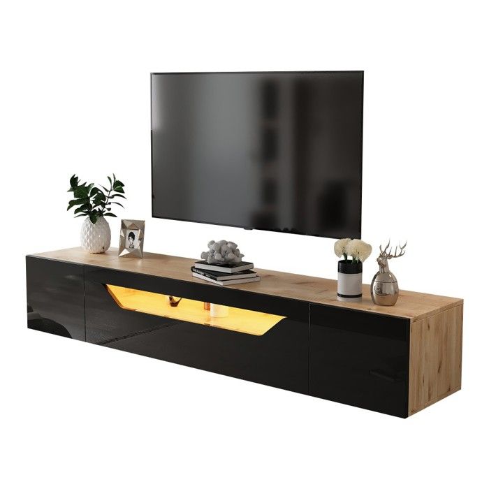 Meuble TV noir/bois 180cm - 3 compartiments - LED - pour TV 75 - brillant - fixation murale Meuble TV noir/bois 180cm - 3 compartiments - LED - pour TV 75 - brillant - fixation murale