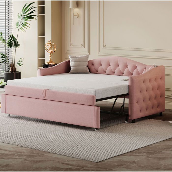 lit banquette gigogne couchage 90x200 extensible USB en lin rose avec sommier a lattes adulte moderne Grjofek