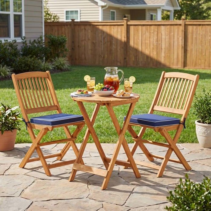 Ensemble table et chaises de jardin - Pliables 2 places - Bois de mimosa - Coussins amovibles lavables - Livré monté