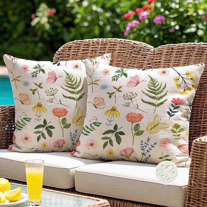 Housse Coussin Exterieur Impermeable 45x45 Fleurs Fleur Feuille Papillon Décoratif Taie 45 x 45 cm (Lot de 2) Vert