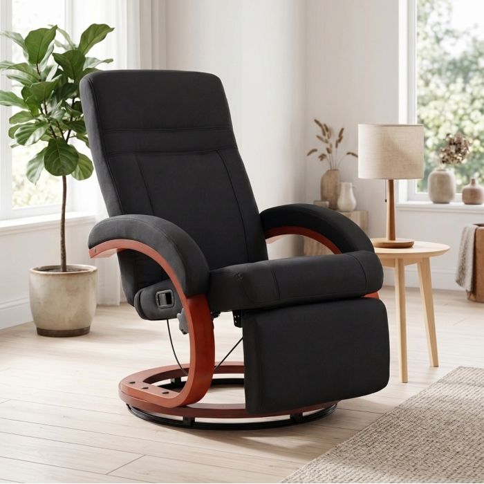 Fauteuil relax inclinable EVRYAE 68 x 86 x 100 cm pivotant 360° avec repose-pieds intégré tissu aspect lin noir