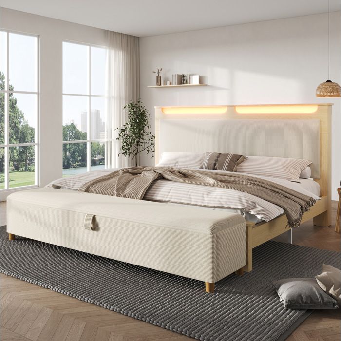 Lit Double 160×200 cm Tête de Lit avec Rangement LED et Banquette Coffre - TCQPZ - Sans Matelas Beige et Chêne Clair