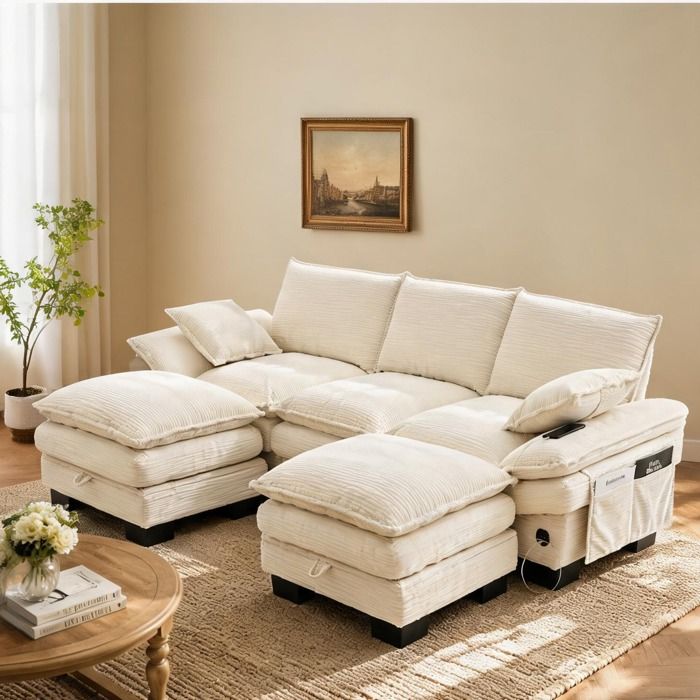 Canapé modulable 3 places en velours côtelé linen beige avec port USB-C et deux tabourets