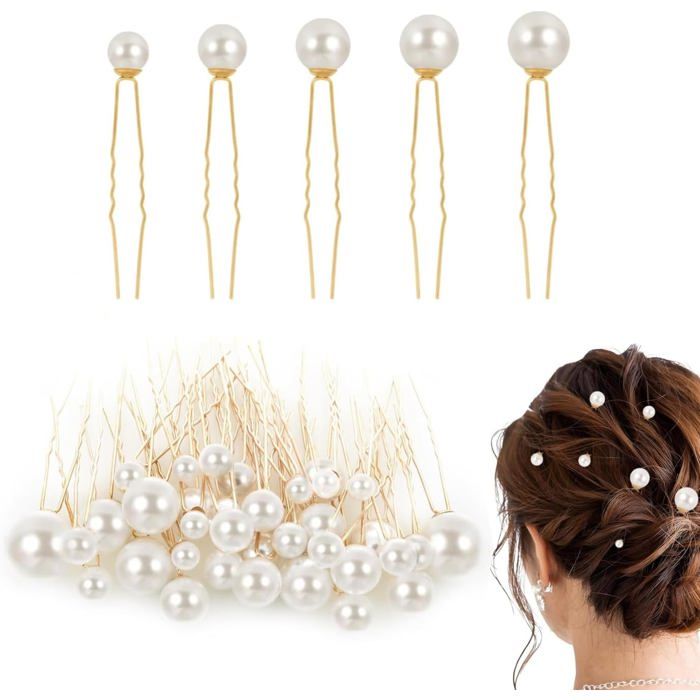 épingles à Cheveux en Perles 36pcs Barrettes de Mariage en Forme de U pour Bal Mariage Quotidien Mariée Filles Femmes (Or)