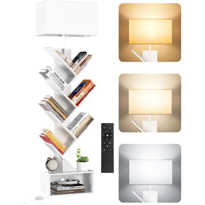 Bibliothèque en arbre 6 niveaux 143 cm - Bois blanc avec éclairage LED télécommande et minuteur - Fixation murale