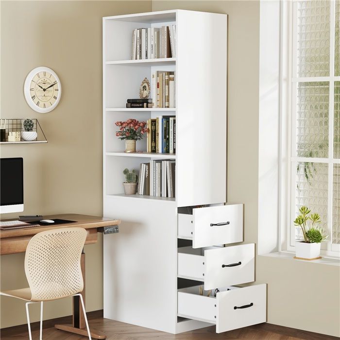 Étagère haute 180 cm extra étroite avec tiroirs latéraux tablettes réglables montage gauche/droite idéale pour petits espaces Étagère haute 180 cm extra étroite avec tiroirs latéraux tablettes réglables montage gauche/droite idéale pour petits espaces