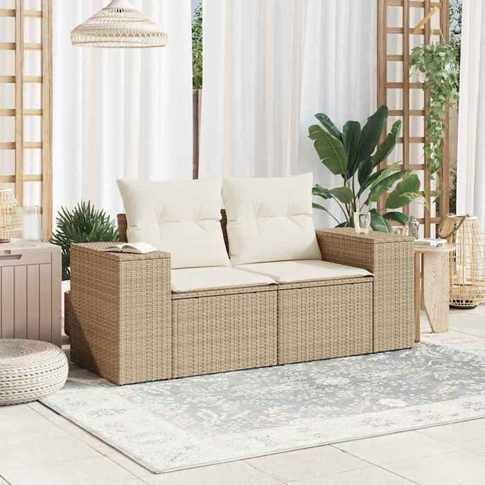 Promo“Canapé de Jardin avec Coussins 2 places Beige 186 x 62 x 69 cm en résine tressée et métal et housses lavables 328429