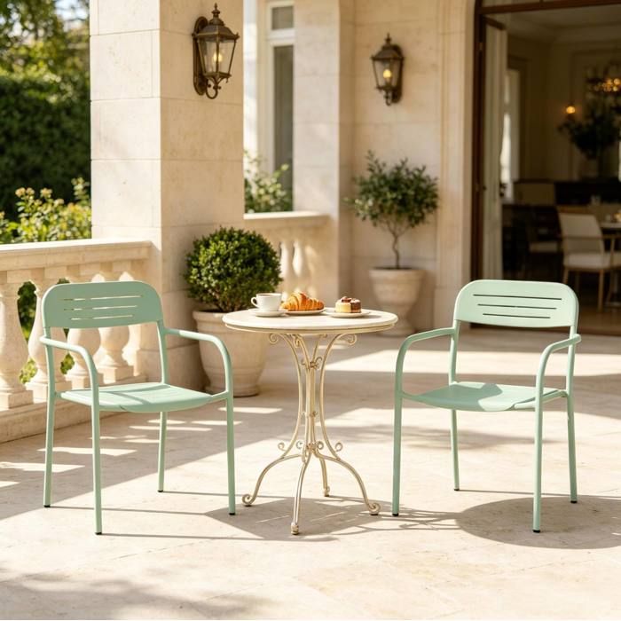 ELVORIN Ensemble de 2 chaises de jardin empilables 56 x 58 x 78 cm métal vert avec accoudoirs pour extérieur