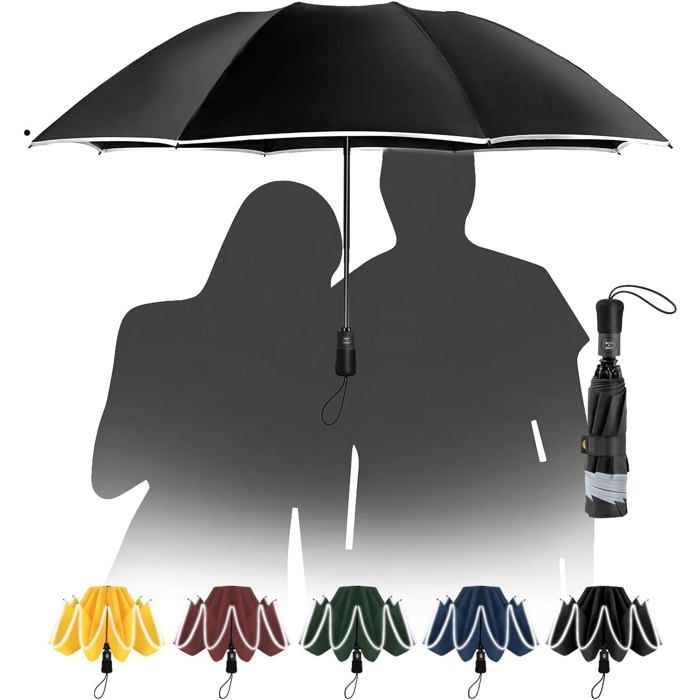 Parapluie pliant inversé noir réfléchissant - Ouverture automatique - Coupe-vent - Bande réfléchissante