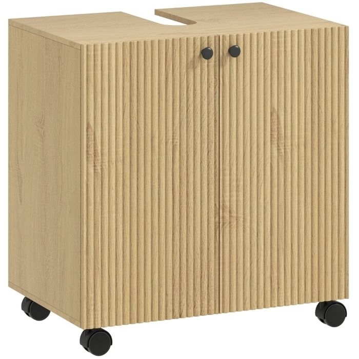 Meuble sous vasque en bois naturel avec 2 portes découpe en U roulettes verrouillables