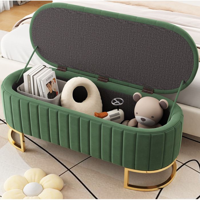 Banc coffre 120 cm banquette de rangement ottomane en velours vert avec pieds métal à monter soi-même VEVXYN