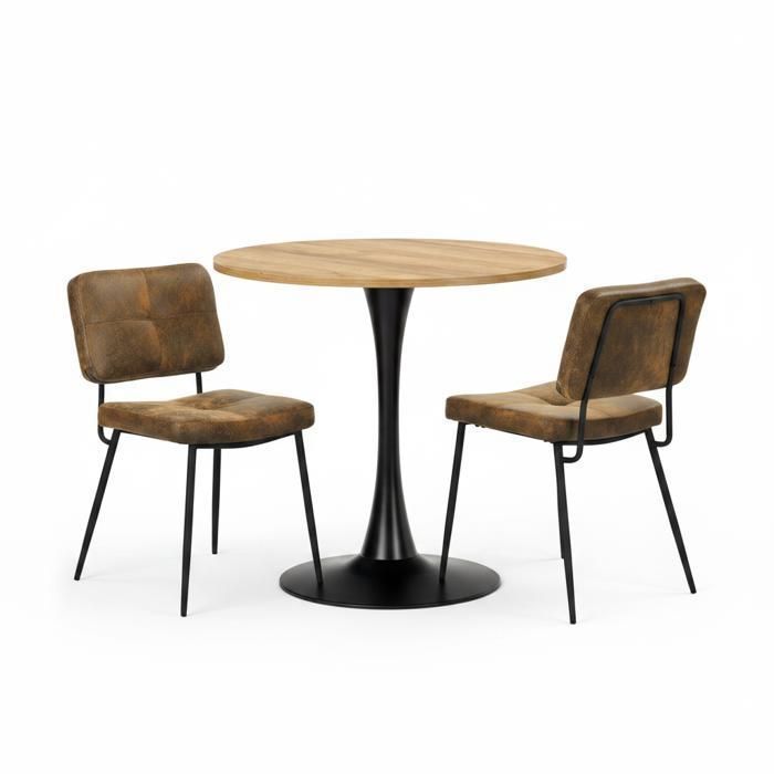 MEUBLES COSY Ensemble de salle à manger composé dune table ronde en chêne etde 2 chaises en suédine marron à assise rembourrée