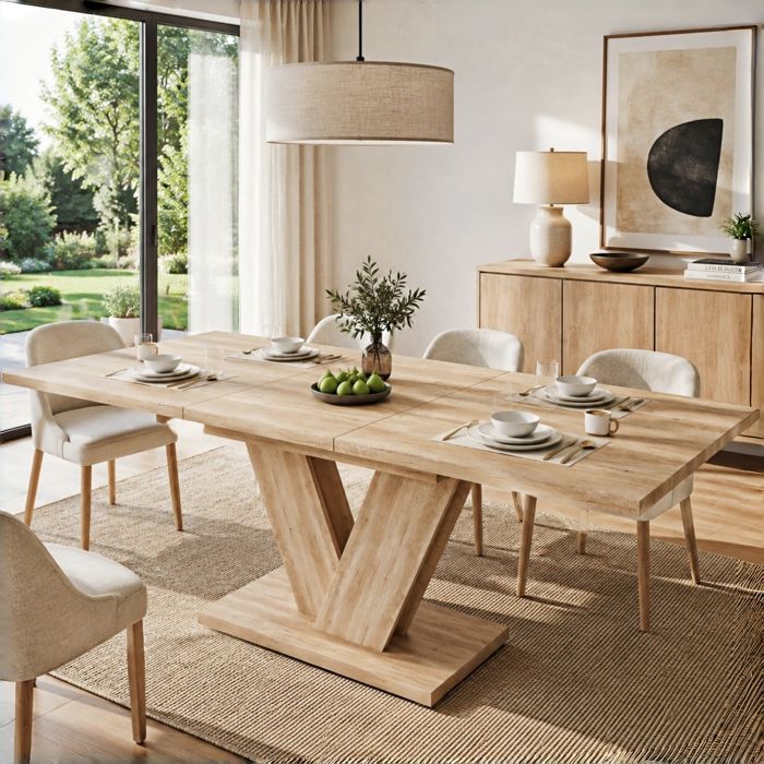 Table à manger coloris décor chêne en MDF extensible forme rectangulaire profondeur 80 cm longueur de 140 à 180 cm