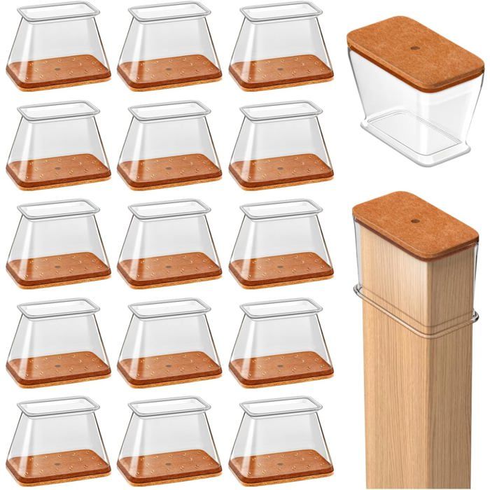 Patins de chaise silicone et feutre lot de 16 rectangulaires taille M embouts transparents pour pieds de chaise