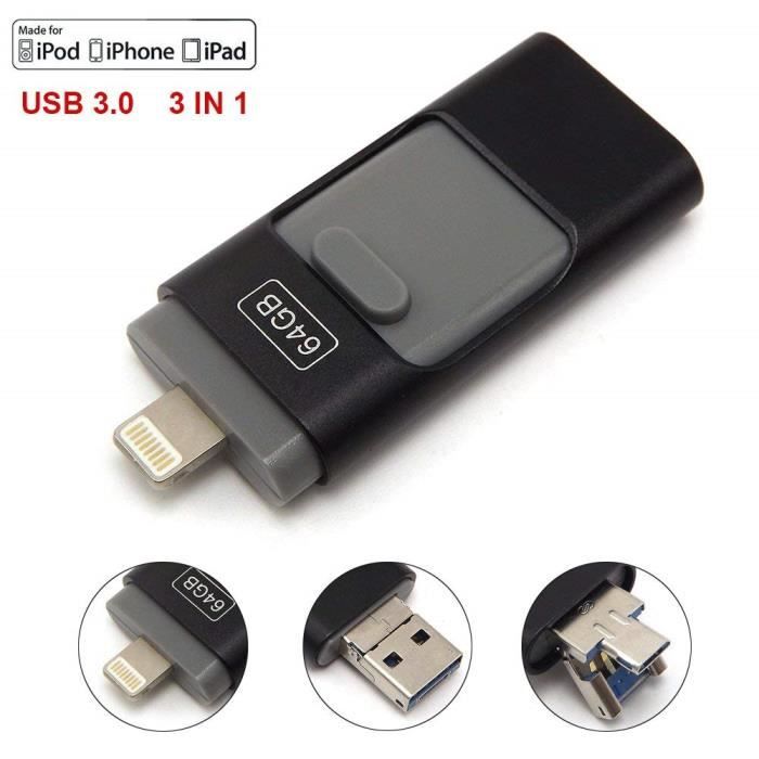 isonix Clé USB 64 go 3 en 1 Compatible iOS/Android pour Apple
