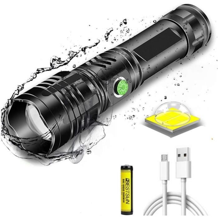 Maxmix Lampe de Poche LED Rechargeable, 90000 Lumens Haute Luminosité Puissante Lampe Tactique Super Lumineuse avec Batterie Torche Zoomable pour Maison, Camping, Urgences