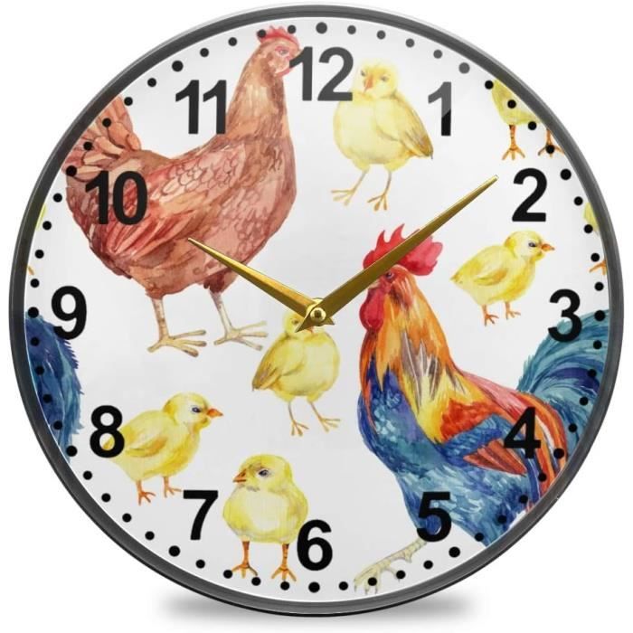 Horloge Murale Sans Tic-Tac, Fonctionne Avec Piles, Coq Et Poule