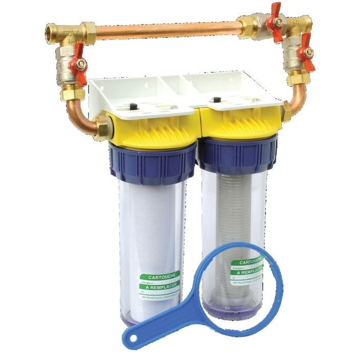 Filtre anti-calcaire double (bypass 3/4) - POLAR - FD34CBP - Cartouche CJ10AA 5µm - Éco polyphosphate - Protection chauffe-eau