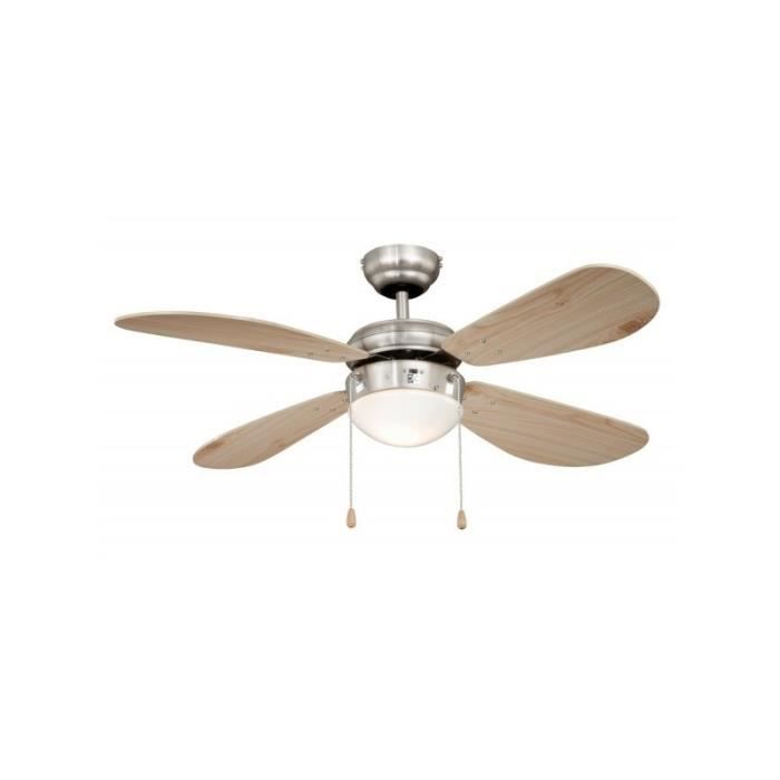 Ventilateur de plafond 105 cm acier nickelé classique avec lampe pales pin silencieux. idéal plafond bas.