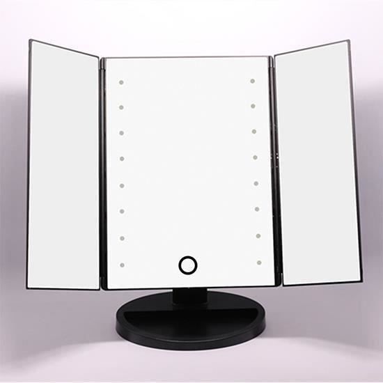 Miroir 3 Faces LED 360° Pliable - Noir, 19.5x93cm - Pour Rasage & Maquillage