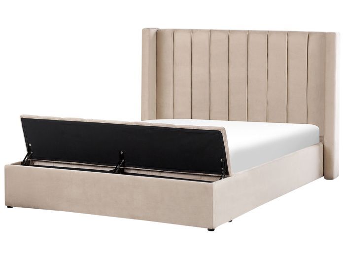 Lit double en velours beige avec banc coffre 160 x 200 cm NOYERS Lit double en velours beige avec banc coffre 160 x 200 cm NOYERS