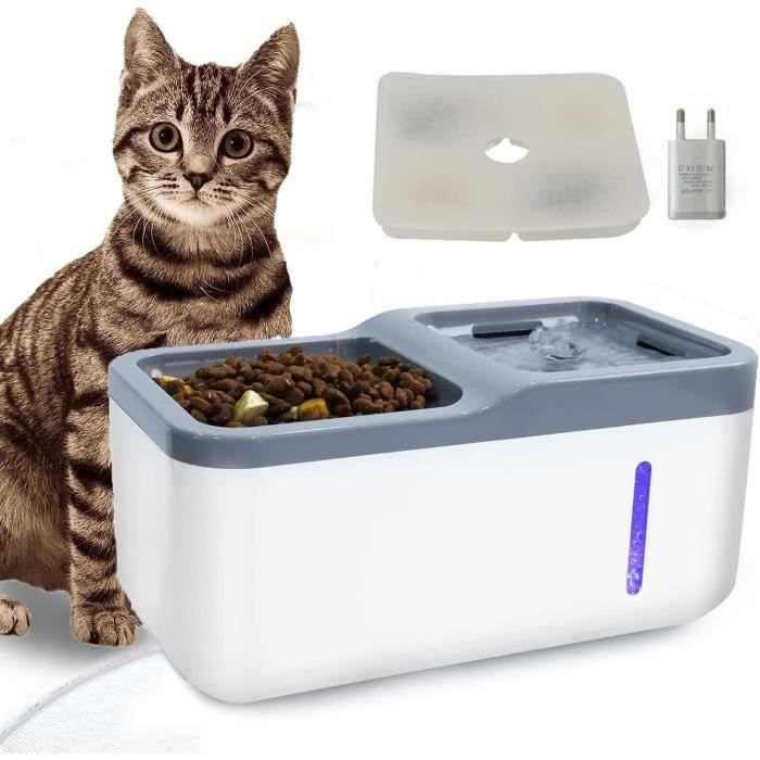 Comparer les prix de Fontaine à eau chat/Distributeur Croquettes Chat -2 en 1 pour Chats Chiens-avec 2 filtres à charbon actif - prise USB - blanc
