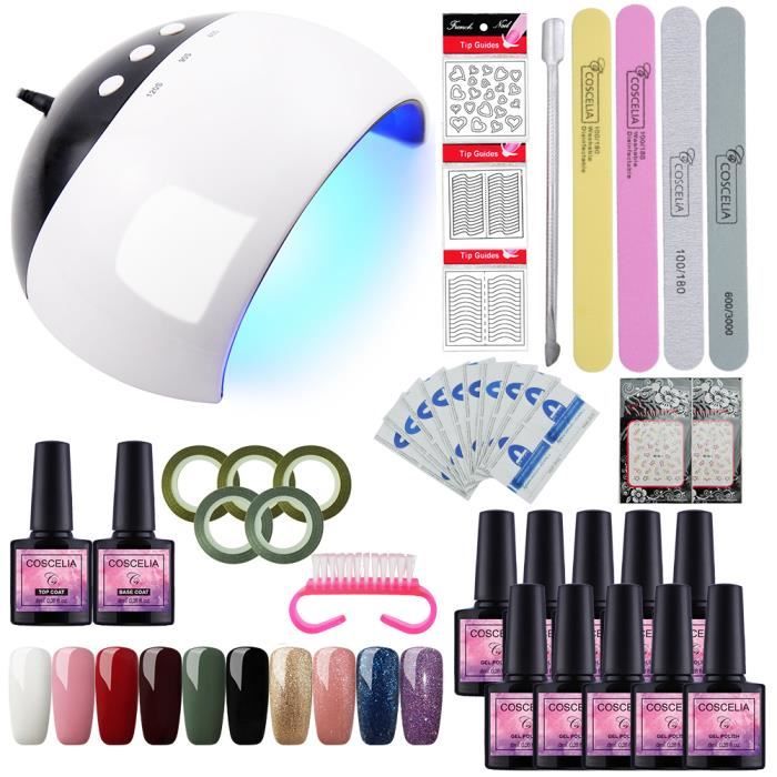Coscelia Kit Vernis Gel Semi Permanent à Ongle 24w Lampe Uvled 10 Pc Vernis Top Coat Base Coat Outil Décor Gel Polish Kit