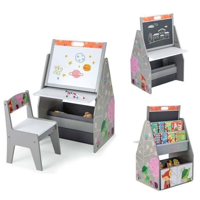 COSTWAY 3 en 1 Table et Chaise Enfants Double Face-Tableau Blanc et Noir Magnétique avec Bac en tissu & Étagère Rangement Gris COSTWAY 3 en 1 Table et Chaise Enfants Double Face-Tableau Blanc et Noir Magnétique avec Bac en tissu & Étagère Rangement Gris