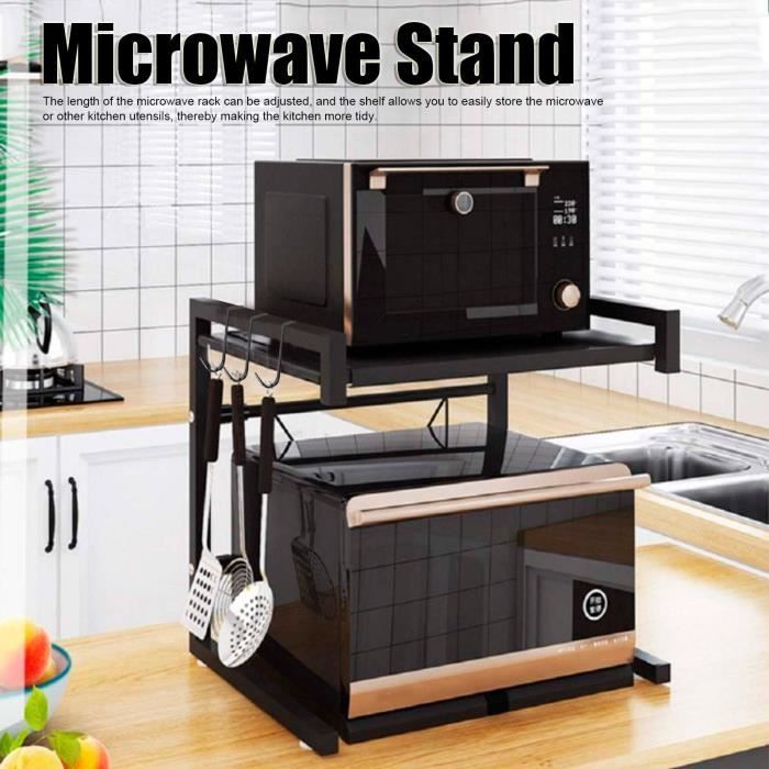 Étagère four à micro-ondes, étagère de cuisine en bois massif et cadre avec  de l'acier, 60x40x123cm Noir + Chêne Clair