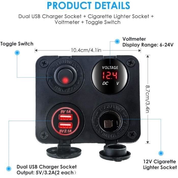 Chargeur Double USB 12V Avec Voltmètre Pour Voiture/bateau/moto - Neuf Sous Emballage