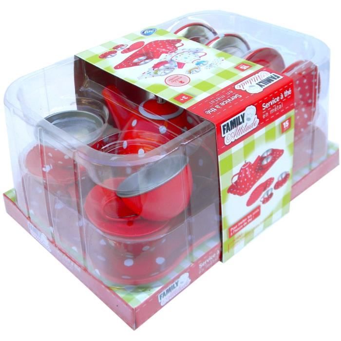 Service à thé - JJA - 15 Pièces - Métal Rouge - Pour Enfants - Dînette Décorée