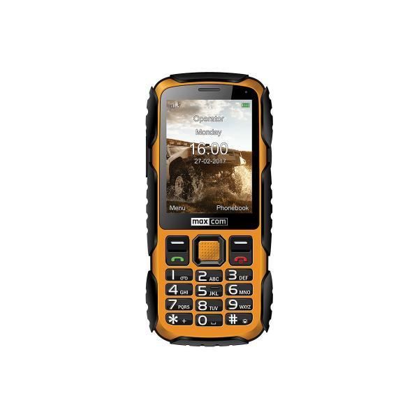 téléphone mobile Dual SIM Maxcom en jaune, avec 2,8 pouces TFT LCD, résolution 240 x 320 pixels, IP67 résistance de certificat, slot