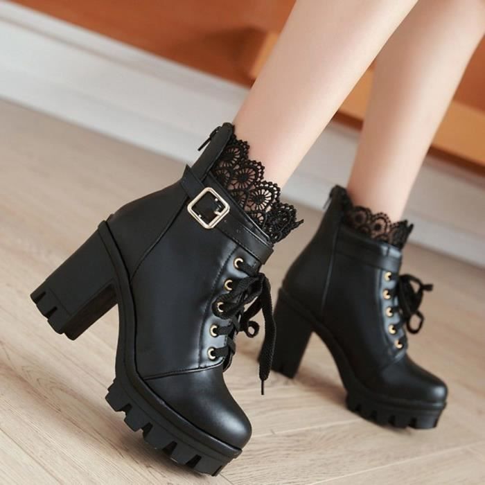 Mode femmes talon haut epais a lacets bottines plate forme chaussures d etudiant en dentelle Noir Noir Cdiscount Chaussures