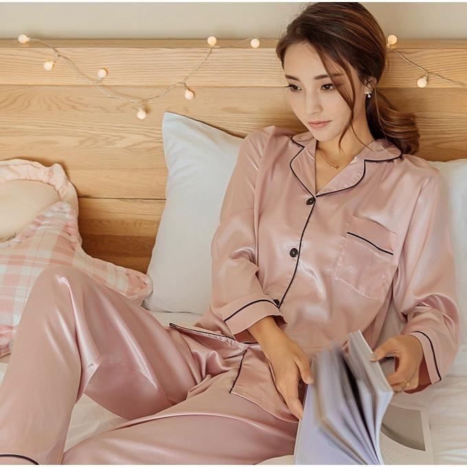 Pyjama Satin Femme Lavenderi - Haut Manches Longues Et Pantalon - Confortable Et élégant