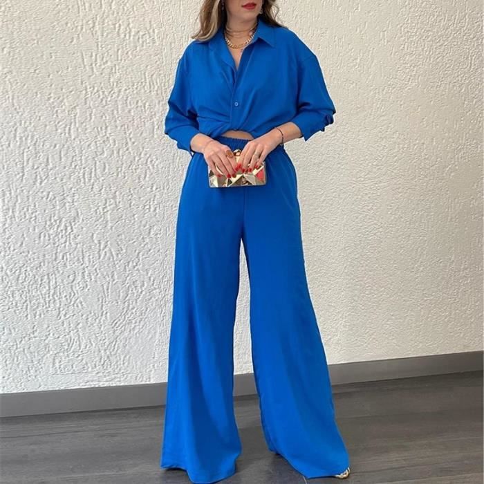 Ensemble de Vetements Femme Lapels new loose fashion casual personality pockets wide leg Bleu Bleu Cdiscount Pret a Porter