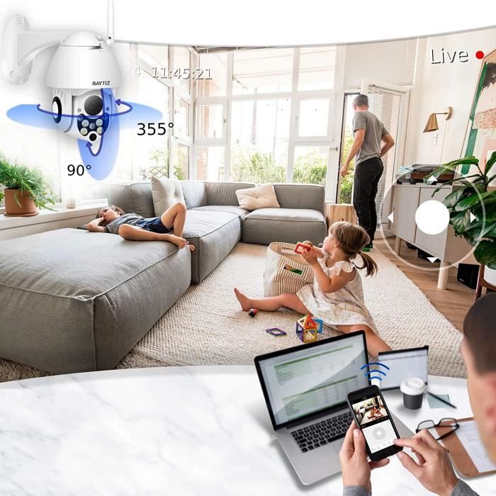 BAYTIZ | Camera Surveillance WiFi Exterieure - Alarme Maison Mini Caméra Exterieur Detecteur de Mouvement Espion Interieur 360