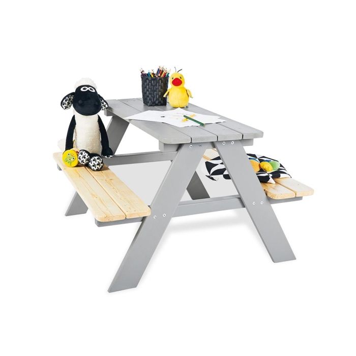 ITA Table De Pique-Nique Enfants Bois Avec 2 Bancs - Gris - Fabriqué UE Pour Intérieur Et Extérieur