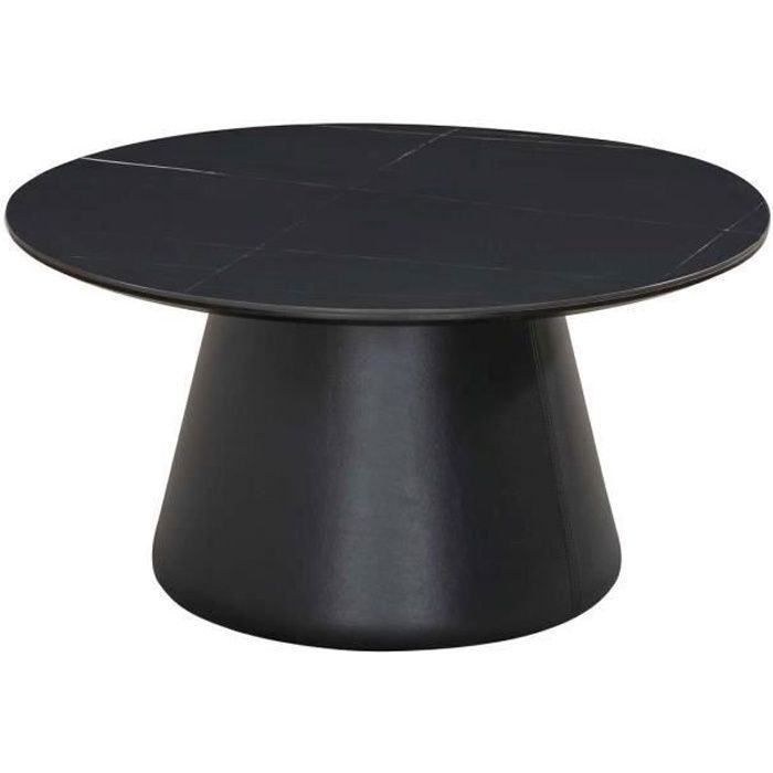 Table basse ronde de diamètre 80 cm en finition imitation marbre noir stratifié - MANDY