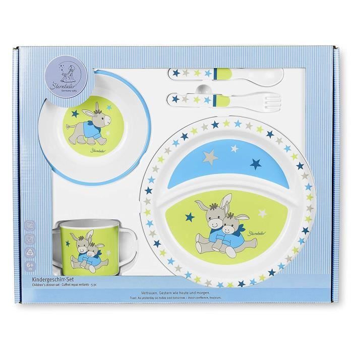 Sterntaler Set Di Stoviglie Con Anatra Edda Lou Ecru, Set Da 5 Pezzi, Per Ragazzi E Ragazze, Composto Da Bicchiere, Piatto Quadrato, Ciotola Di Porridge E Cucchiaio E Forchetta